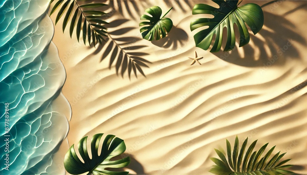 Fototapeta premium Tropical leaves on sandy beach with shadows