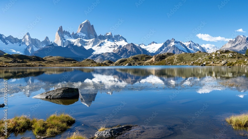 A tranquil lake nestled among snow-capped mountains, reflecting the rugged peaks and clear blue sky above, offering a sense of serenity and awe. A tranquil lake nestled among snow-capped mountains, reflecting the rugged peaks and clear blue sky above, offering a sense of serenity and awe.