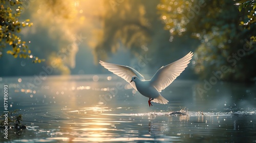 A tranquil river with a white dove flying above, symbolizing the Holy Spirit's purity and peace