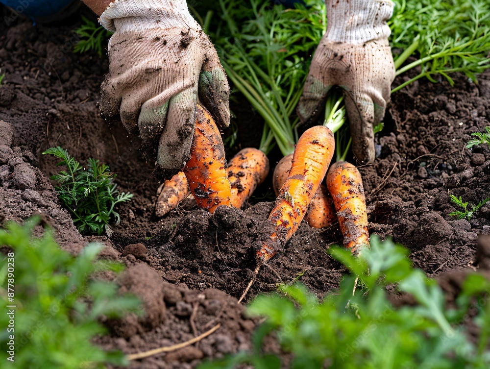 4. Carrots with dirt-covered roots being carefully extracted by hands in gardening gloves, fine details of soil particles and root textures visible, surrounded by a mix of green foliage and brown soil 4. Carrots with dirt-covered roots being carefully extracted by hands in gardening gloves, fine details of soil particles and root textures visible, surrounded by a mix of green foliage and brown soil