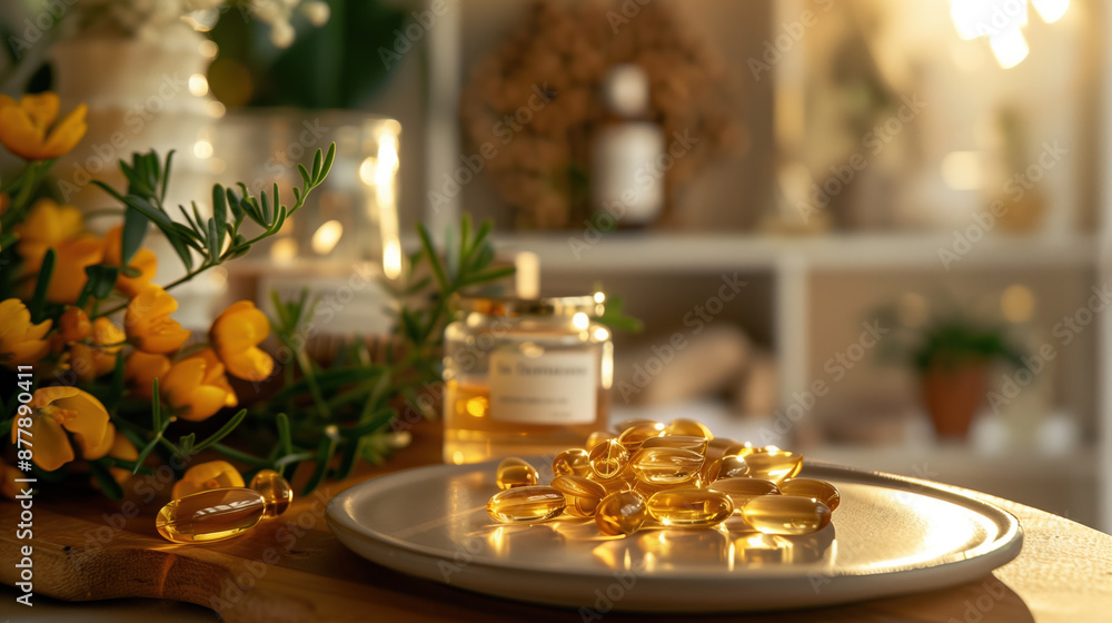 Evening Primrose Oil Softgels Close-up in Beauty and Skincare, Health Lifestyle Concept Evening Primrose Oil Softgels Close-up in Beauty and Skincare, Health Lifestyle Concept