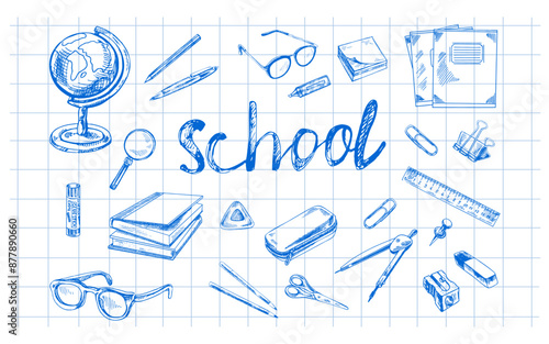 Back to School, hand drawn school supplies - big sketch set. Doodle lettering and school object collection. Education Concept. Vintage sketch element.  Vector illustration. Back to School.