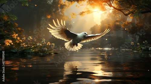 A tranquil river with a single dove flying over it, symbolizing the Holy Spirit's peaceful and guiding presence