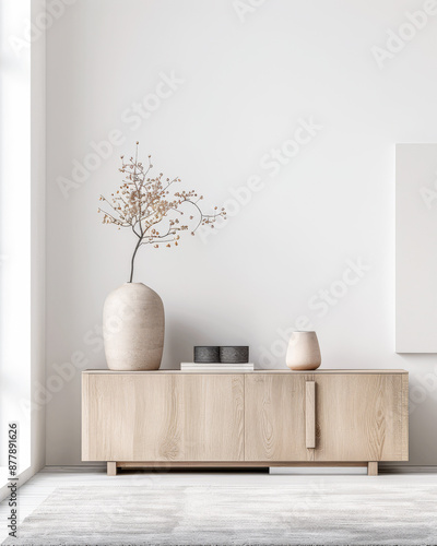 Room interiors composition with an stylish sideboard next to a large window providing lighting, minimal furniture and ample copy space. Residential Real Estate interiors design.