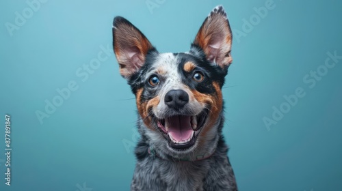 Portrait photography of a cute little Australian Shepherd happy smiling , studio shot isolated on single color background ,editorial style, shoot by DSLR .