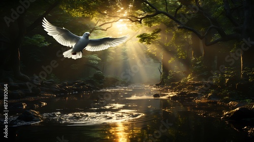 A tranquil river with light reflecting on the water and a dove in flight, symbolizing the Holy Spirit's calming presence