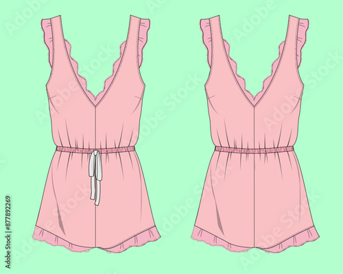 ladies nightwear sleeveless shorts dungarees loungewear fashion illustration flat sketch vector. 