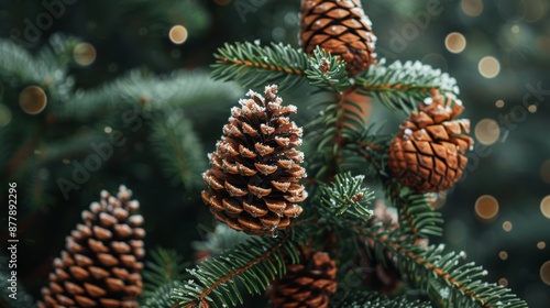 **Frosted Pine Cones** A close-up image of pine cones covered in frost on a pine branch with a bokeh background. winter or holiday themes.