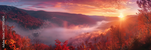 A Banner of Serene Sunrise Over Misty Red-Leafed Valley, Ideal for Japan Travel Ads, Space for text