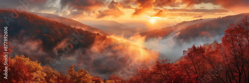 A Banner of Misty Morning Sunrise over Red Maple Valley, Japan Travel Advertisement, Space for text © Kanchanit