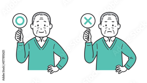 まるとばつの札を持ち腰に手を当てるシニア男性の上半身イラスト素材
