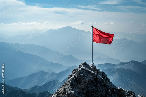 Flag on a mountain peak, symbolizing overcoming difficulties, goal achievement, and a winning strategy with a focus on results