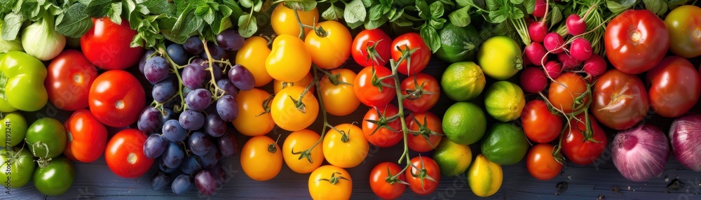 A vibrant assortment of fresh vegetables, including tomatoes, bell peppers, onions, and more, beautifully arranged in a colorful display. A vibrant assortment of fresh vegetables, including tomatoes, bell peppers, onions, and more, beautifully arranged in a colorful display.