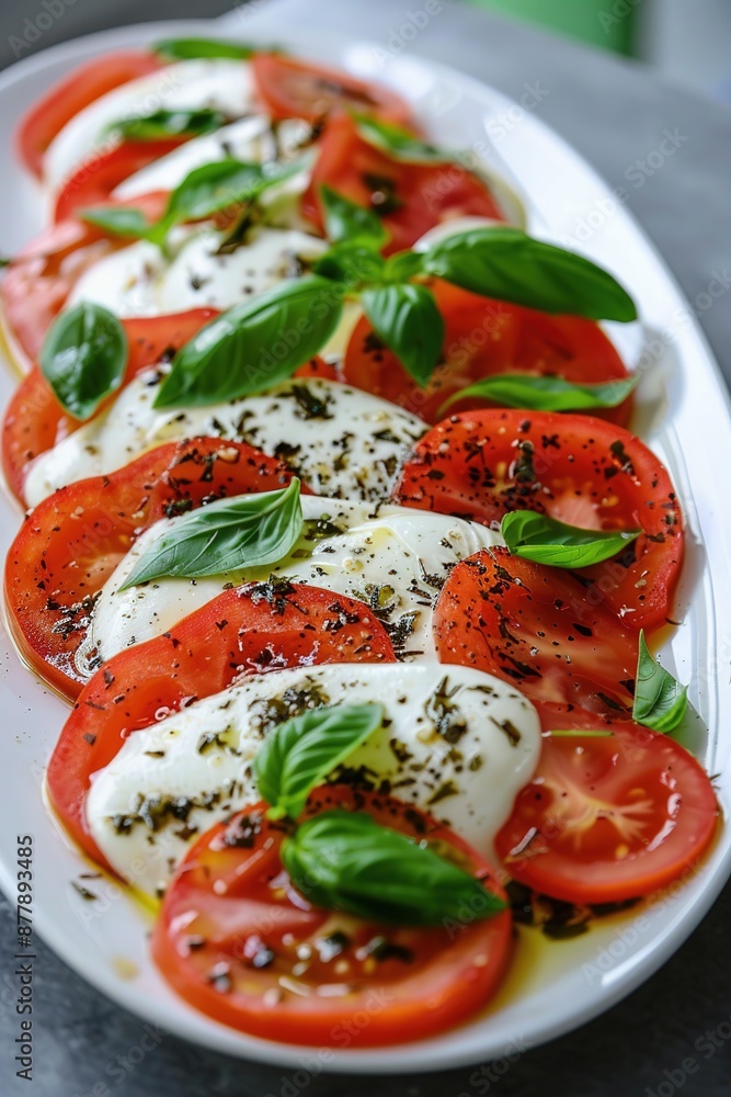 A platter of fresh vibrant tomatoes and mozzarella arranged garnished with basil leaves A platter of fresh vibrant tomatoes and mozzarella arranged garnished with basil leaves