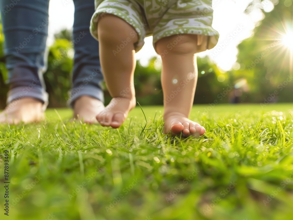 A baby is walking on the grass with a parent A baby is walking on the grass with a parent