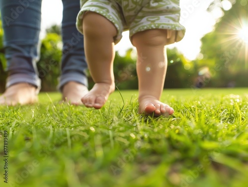 A baby is walking on the grass with a parent