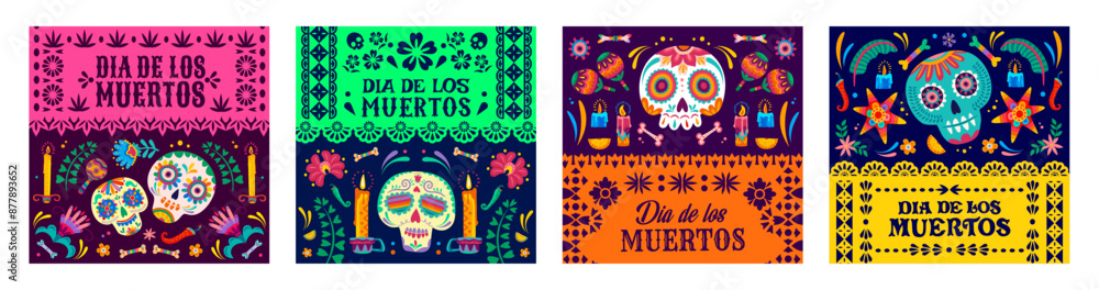 custom made wallpaper toronto digitalDay of the Dead papel picado paper cut flags with Dia de los Muertos sugar skulls, maracas and ofrenda candles. Vector mexican Halloween skulls and festive bunting garland with ethnic floral pattern