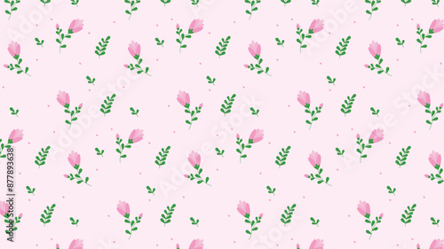 cute pink cartoon flower with leaf, branch, flower bud seamless pattern in pink background for fabric print, paper print, social media, party print or any use. flower doodle
