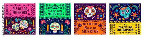 Wallpaper Mural Day of the Dead papel picado paper cut flags with Dia de los Muertos sugar skulls, maracas and ofrenda candles. Vector mexican Halloween skulls and festive bunting garland with ethnic floral pattern Torontodigital.ca