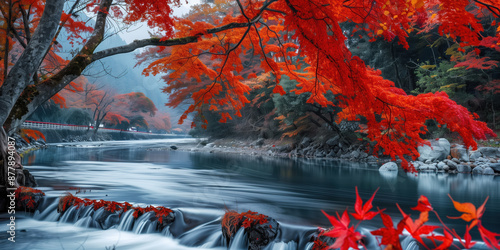 Japanese Autumn Scenery - Red-Leafed Trees by Serene River Ideal for Travel Ads photo