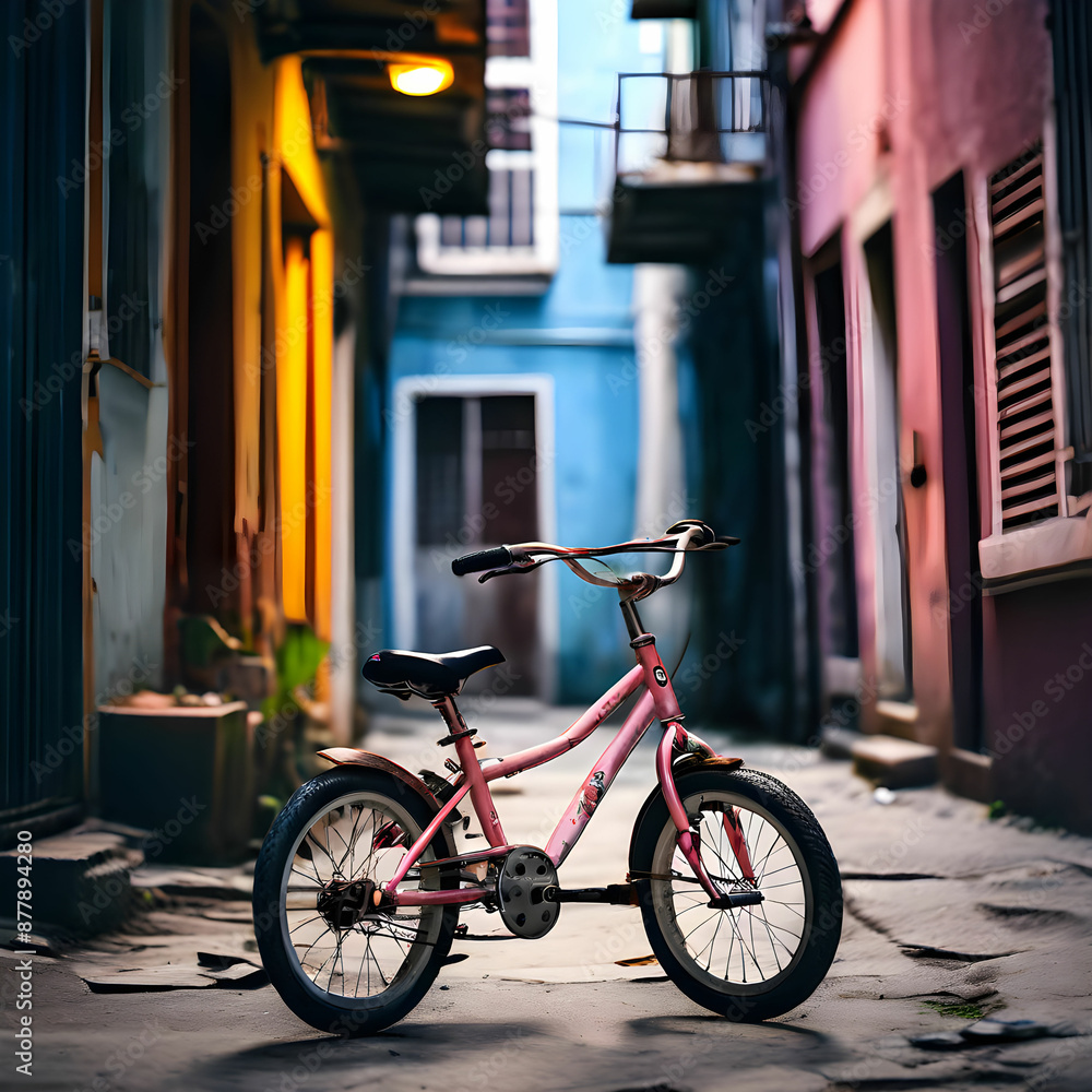 a small baby bicycle standing in an alley a small baby bicycle standing in an alley