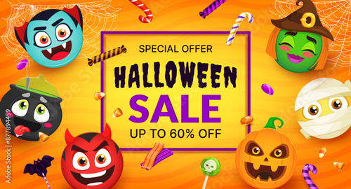 Halloween sale banner with funny holiday emoji faces or cute kawaii monsters, cartoon vector. Halloween 60 percent off discount or promo sale banner with funny boo emoji mummy, devil and witch