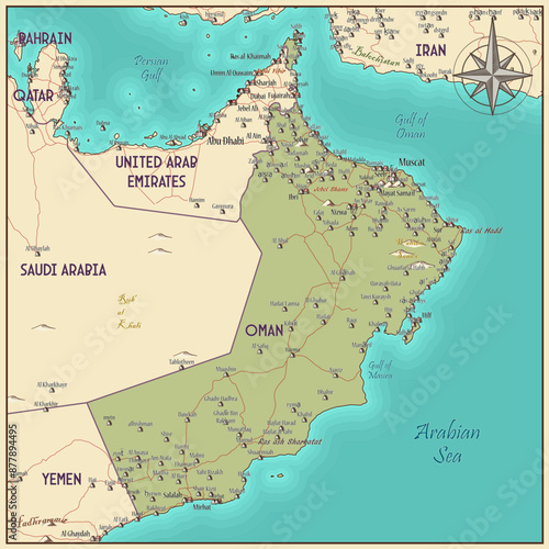 Map of Oman vintage fantasy style