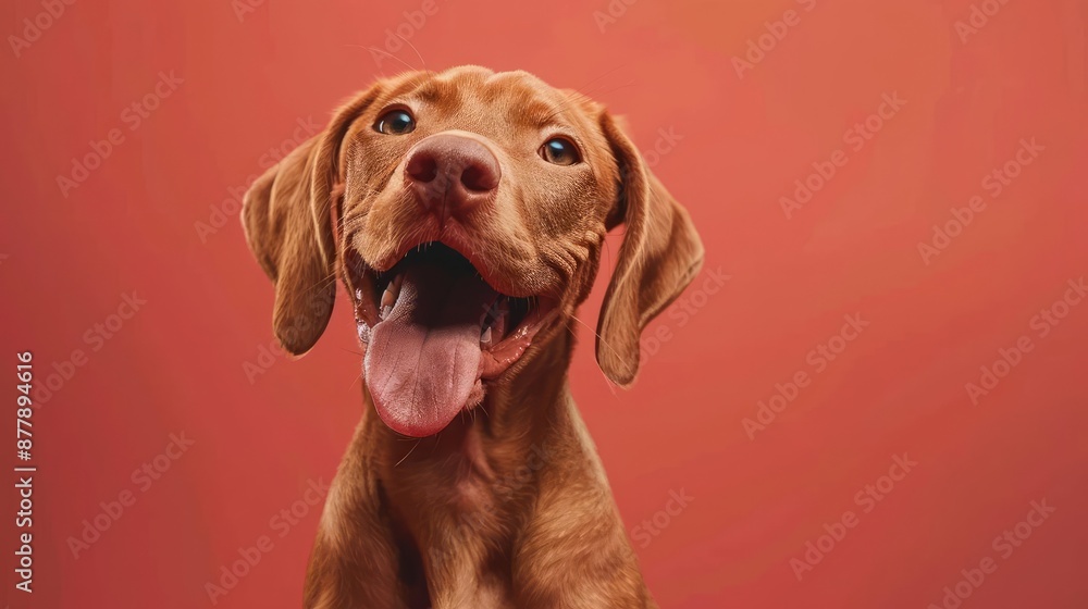 Portrait photography of a cute little Vizsla happy smiling , studio shot isolated on single color background ,editorial style, shoot by DSLR . Portrait photography of a cute little Vizsla happy smiling , studio shot isolated on single color background ,editorial style, shoot by DSLR .