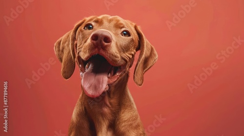 Portrait photography of a cute little Vizsla happy smiling , studio shot isolated on single color background ,editorial style, shoot by DSLR .