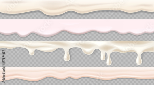 Set Of Flowing Cream Textures Isolated On Transparent Background. Realistic 3d Vector Creamy, Dripping, Liquid Milk