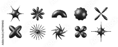 Pixelated 3d Y2K shapes set. Bitmap stars, flowers, sparkles element collection. Retro 8 bit sticker forms for posters, banners, collage, graphic design, tattoo. Vector dither pack