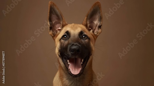 Portrait photography of a cute little Belgian Malinois happy smiling , studio shot isolated on single color background ,editorial style, shoot by DSLR .