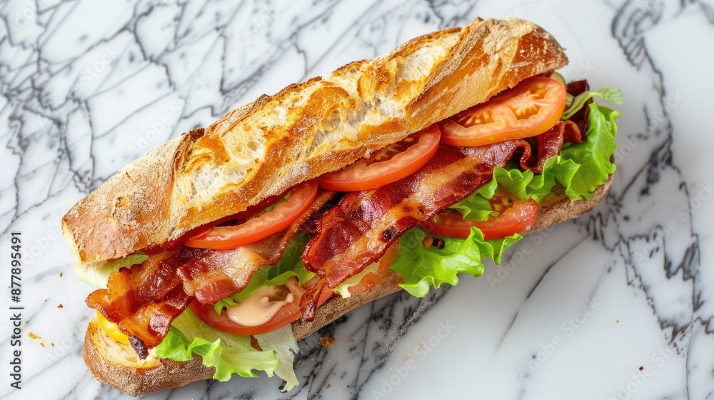 Baguette sandwich with bacon cheese tomatoes and lettuce on marble surface