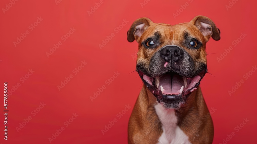 Portrait photography of a cute little Staffordshire Bull Terrier happy smiling , studio shot isolated on single color background ,editorial style, shoot by DSLR . Portrait photography of a cute little Staffordshire Bull Terrier happy smiling , studio shot isolated on single color background ,editorial style, shoot by DSLR .