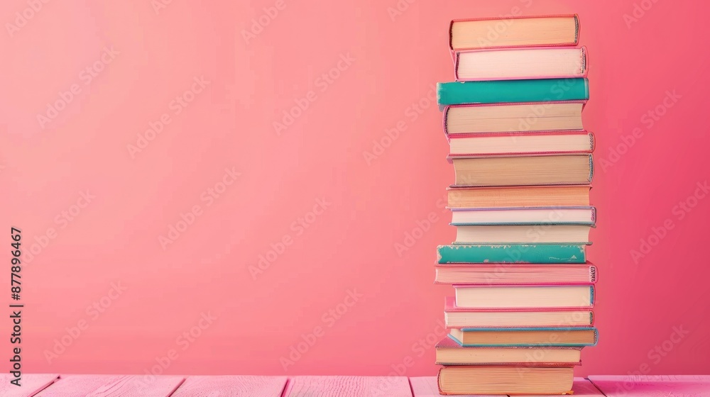 Back to school theme with stacked hardback books on wooden table Pink background with space for text educational concept Fei Yong Zhi Fu Back to school theme with stacked hardback books on wooden table Pink background with space for text educational concept Fei Yong Zhi Fu