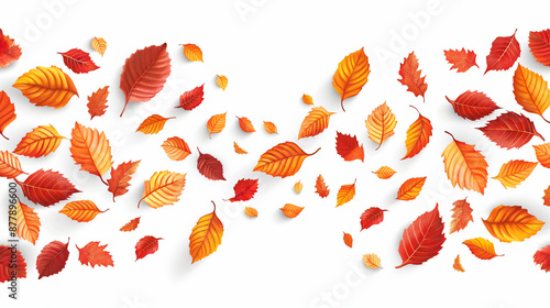 Autumn seasonal background with long horizontal border made of falling autumn golden, red and orange colored leaves isolated on background