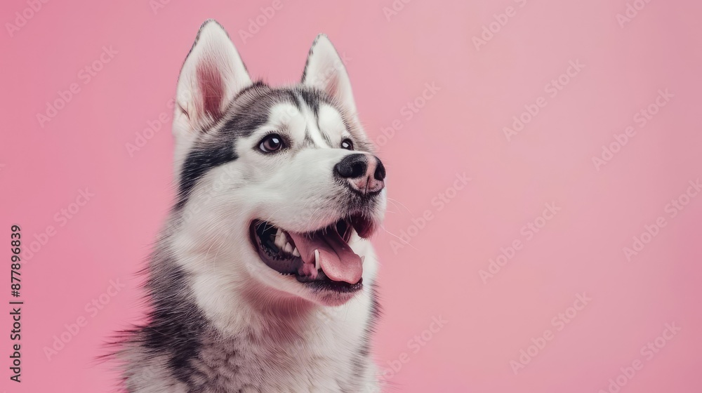 Portrait photography of a cute little Siberian Husky happy smiling , studio shot isolated on single color background ,editorial style, shoot by DSLR . Portrait photography of a cute little Siberian Husky happy smiling , studio shot isolated on single color background ,editorial style, shoot by DSLR .
