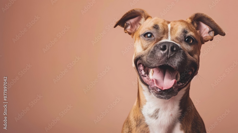 Portrait photography of a cute little Staffordshire Bull Terrier happy smiling , studio shot isolated on single color background ,editorial style, shoot by DSLR . Portrait photography of a cute little Staffordshire Bull Terrier happy smiling , studio shot isolated on single color background ,editorial style, shoot by DSLR .