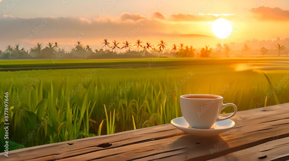 Cup of coffee or tea on a wooden table over mountains landscape and rice field with sunlight. Beauty nature background. Cup of coffee or tea on a wooden table over mountains landscape and rice field with sunlight. Beauty nature background.