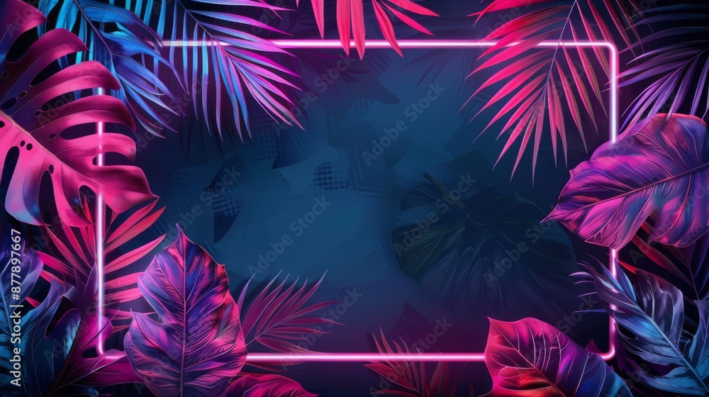 Tropical leaves with pink neon frame for background on black. Fluorescent summer tropic background Tropical leaves with pink neon frame for background on black. Fluorescent summer tropic background