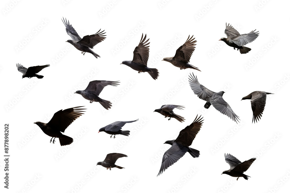 Fototapeta premium Flock of birds in flight on transparent background for easy decorating projects, PNG style with white background