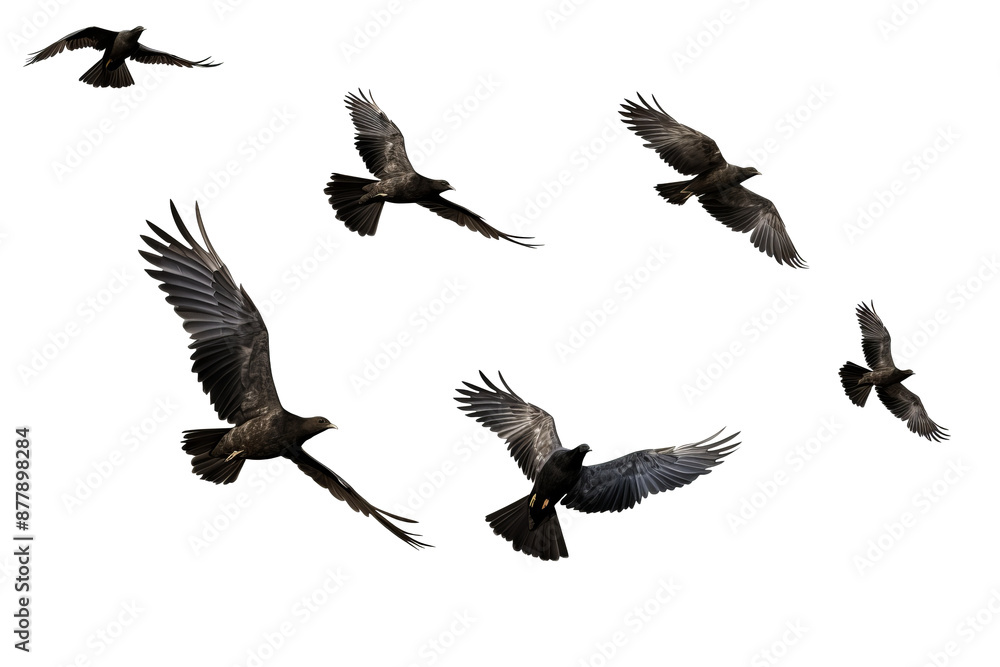 Flock of birds in flight on transparent background for easy decorating projects, PNG style with white background Flock of birds in flight on transparent background for easy decorating projects, PNG style with white background