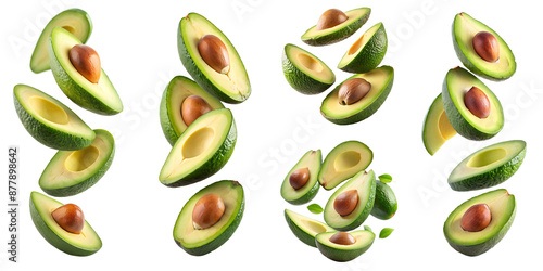 Avocado slices flying isolated on transparent background PNG file