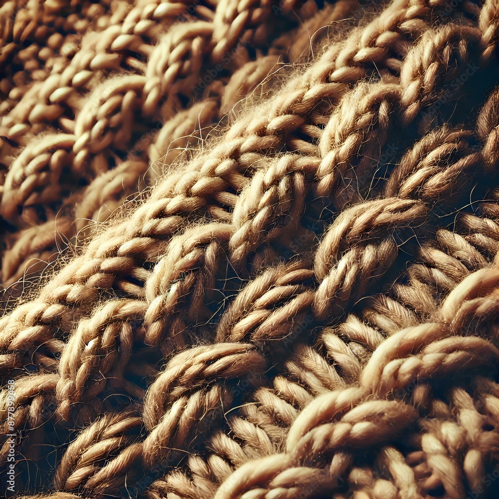 Detailed close-up of chunky knitted wool fabric showcasing intricate texture and woven patterns. Perfect for themes of textile design, cozy fashion, and handmade crafts. Detailed close-up of chunky knitted wool fabric showcasing intricate texture and woven patterns. Perfect for themes of textile design, cozy fashion, and handmade crafts.