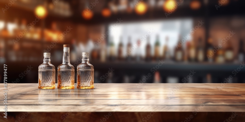 Three Whiskey Bottles on Bar Counter Three Whiskey Bottles on Bar Counter