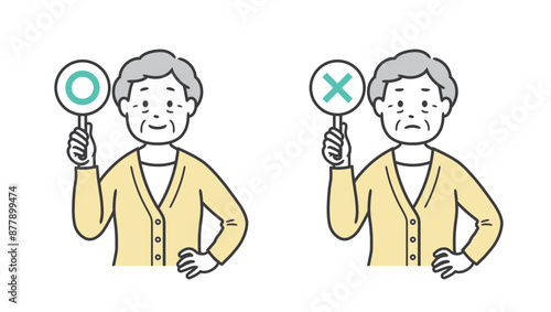 まるとばつの札を持ち腰に手を当てるシニア女性の上半身イラスト素材
