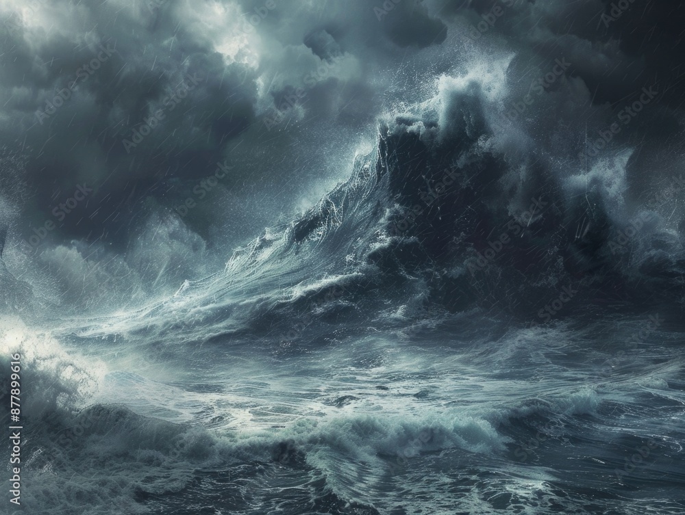 Fototapeta premium A powerful wave breaks on the surface of the ocean, creating a dynamic movement