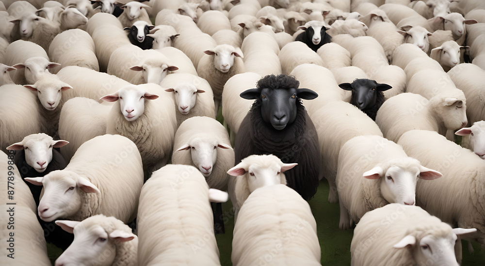 Obraz premium A black sheep among a flock of white sheep, raising head, Concept of standing out from the crowd, of being different and unique with its own identity, Herd concept 