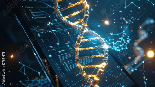 Abstract luminous DNA molecule with a virtual interface displaying genetic analysis on a tablet. Medical science background.