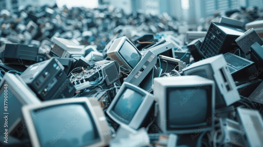 Discarded electronics, electronic waste pile, e-waste recycling, environmental pollution Discarded electronics, electronic waste pile, e-waste recycling, environmental pollution